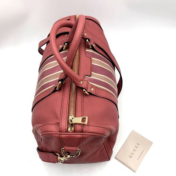Auth Gucci Rose Pink Leather Web Line Boston Speedy 2way Tote Bag Preloved - Picture 5 of 16